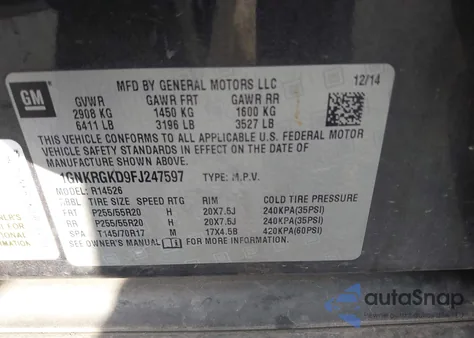 2015 Chevrolet Traverse 1Lt из США, поврежденный, VIN 1GNKRGKD9FJ247597